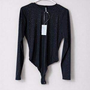 Swarovski x Skims Jelly Sheer Long Sleeve Crew Neck Bodysuit - Onyx - XL